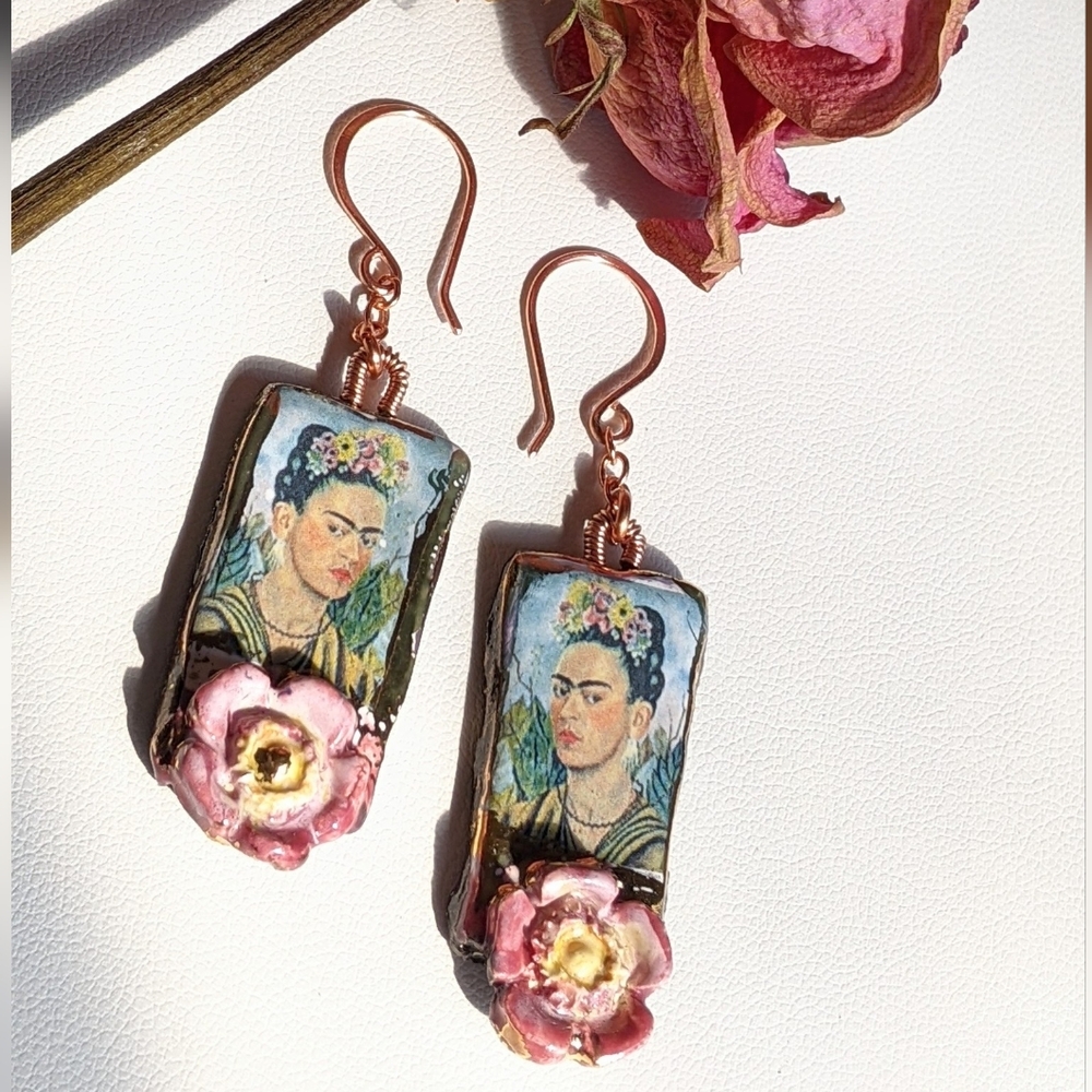 Unique Frida Khalo Earrings Artisan Crafted Lightweight Ceramic Charms - Picture 16 of 16